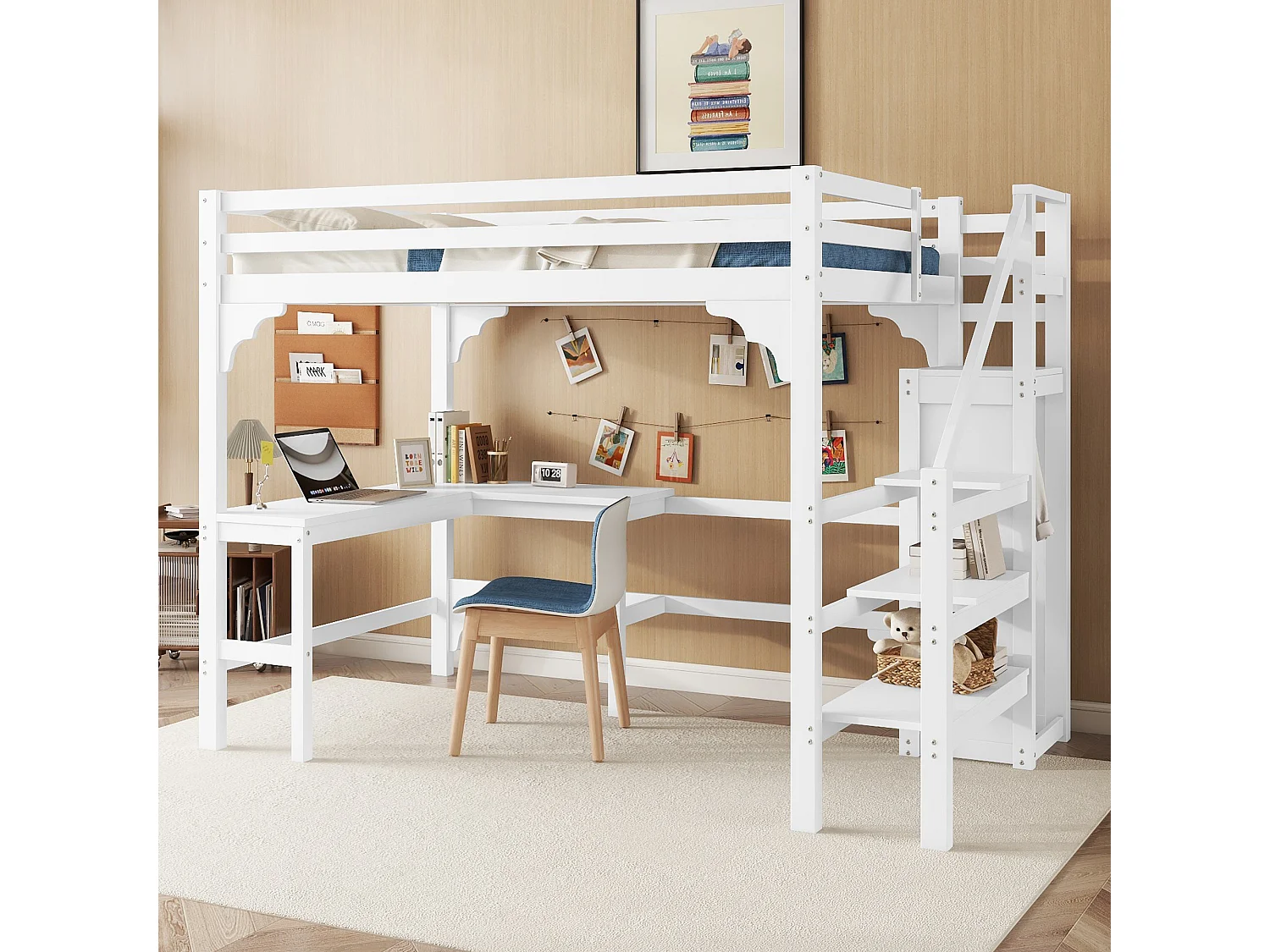 Hoogslaper 140x200cm met L-vormig bureau, kledingkast en trap, grenen + MDF, wit