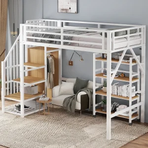 Hoogslaper 90x200cm met kledingkast en 4-laags planken, metaal + MDF, wit + naturel