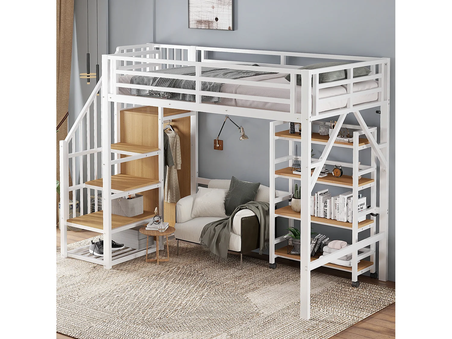 Hoogslaper 90x200cm met kledingkast en 4-laags planken, metaal + MDF, wit + naturel
