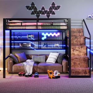 Hoogslaper 140x200cm met opbergtrap, ledverlichting en kledingkast – Metaal + MDF – Zwart en donker hout Hoogslaper 140x200cm met opbergtrap, ledverlichting en kledingkast – Metaal + MDF – Zwart en donker hout