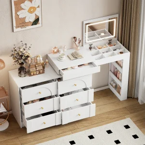 Kaptafel 105x40x80 cm met LED-verlichting, zeven lades en open zijplanken, opvouwbaar bureau, witte spaanplaat voor slaapkamer Kaptafel 105x40x80 cm met LED-verlichting, zeven lades en open zijplanken, opvouwbaar bureau, witte spaanplaat voor slaapkamer