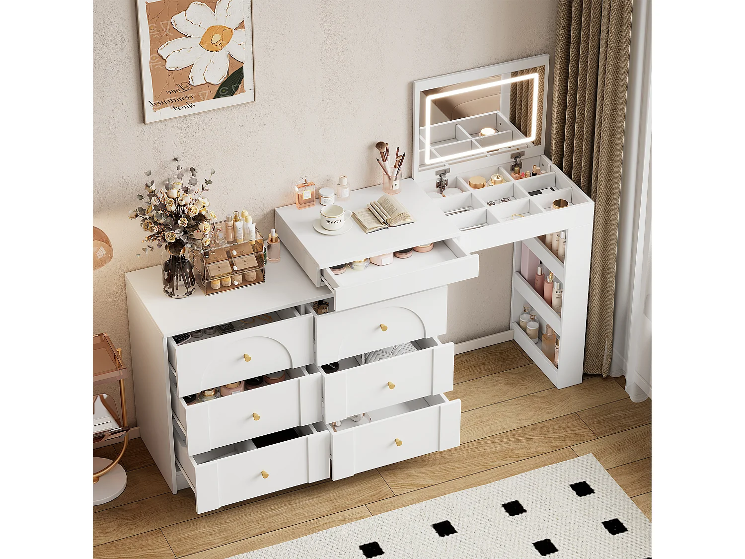 Kaptafel 105x40x80 cm met LED-verlichting, zeven lades en open zijplanken, opvouwbaar bureau, witte spaanplaat voor slaapkamer