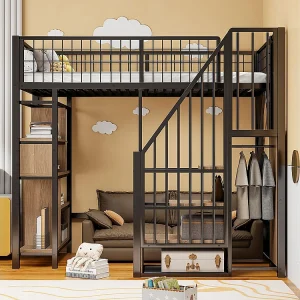 Hoogslaper, 90 x 200 cm, metalen bed met opbergruimte, plank en ladder, zwart Hoogslaper, 90 x 200 cm, metalen bed met opbergruimte, plank en ladder, zwart