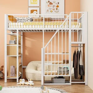 Hoogslaper, 90 x 200 cm, metalen bed met opbergruimte, plank en ladder, wit Hoogslaper, 90 x 200 cm, metalen bed met opbergruimte, plank en ladder, wit