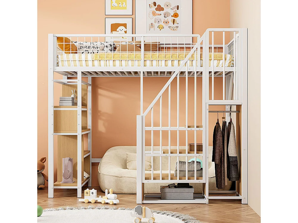 Hoogslaper, 90 x 200 cm, metalen bed met opbergruimte, plank en ladder, wit