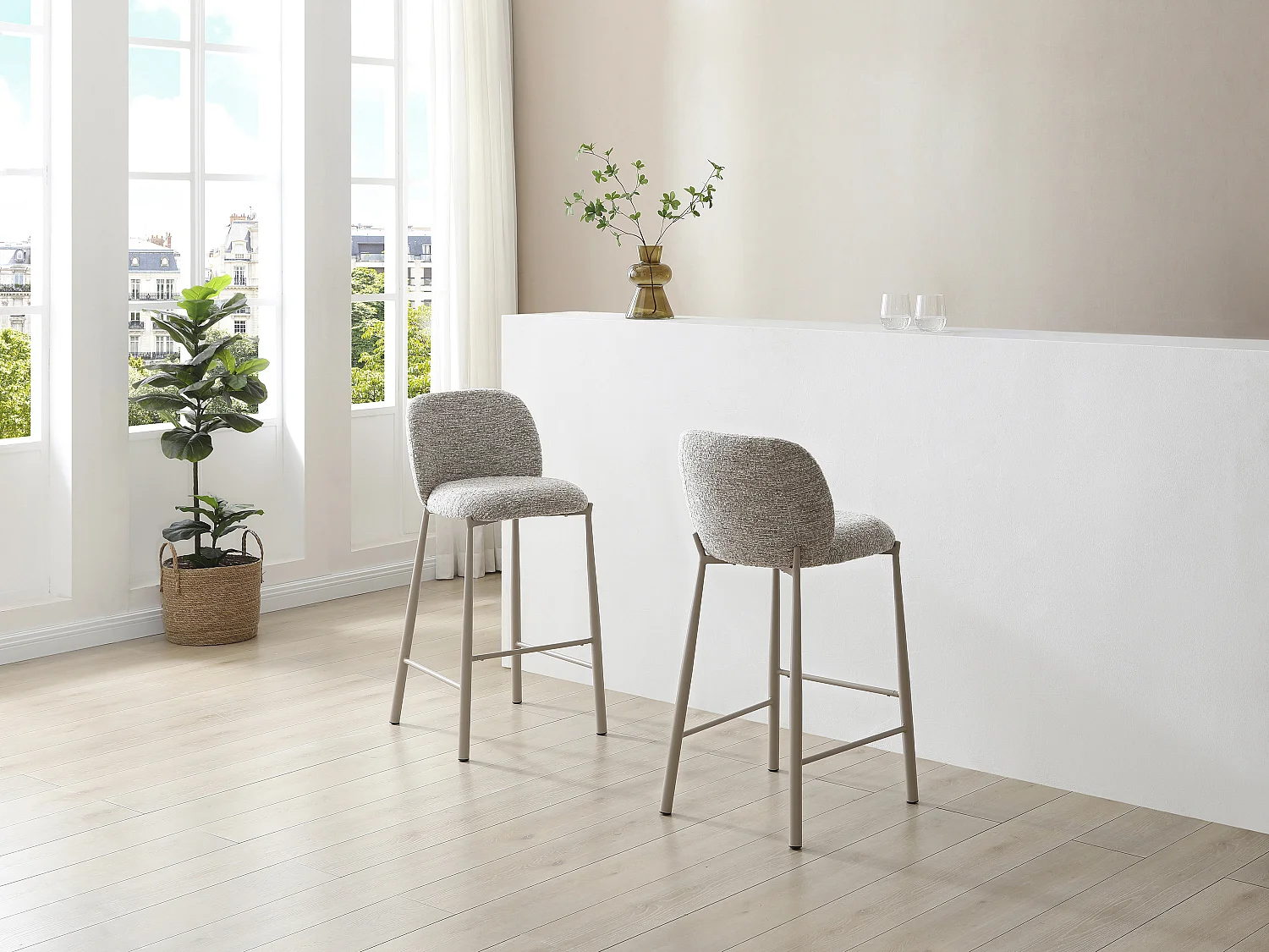 Set van 2 krukken in getextureerde stof en taupekleurig metaal - Beige - JIZAK