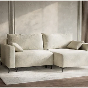 Hoekslaapbank met hoek rechts in chenille stof creme LEON Hoekslaapbank met hoek rechts in chenille stof creme LEON