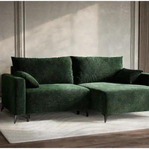 Hoekslaapbank met hoek rechts in chenille stof donkergroen LEON Hoekslaapbank met hoek rechts in chenille stof donkergroen LEON