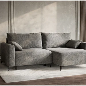 Hoekslaapbank met hoek rechts in chenille stof grijs LEON Hoekslaapbank met hoek rechts in chenille stof grijs LEON
