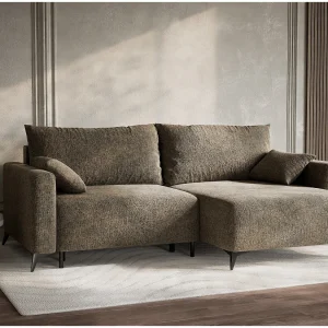 Hoekslaapbank met hoek rechts in chenille stof taupe LEON Hoekslaapbank met hoek rechts in chenille stof taupe LEON