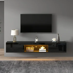 Hoogglans gelakt wandmeubel – 160 x 31 x 22 cm – met LED's + 2 deuren – voor 70 inch tv's – MDF + spaanplaat – zwart Hoogglans gelakt wandmeubel – 160 x 31 x 22 cm – met LED's + 2 deuren – voor 70 inch tv's – MDF + spaanplaat – zwart