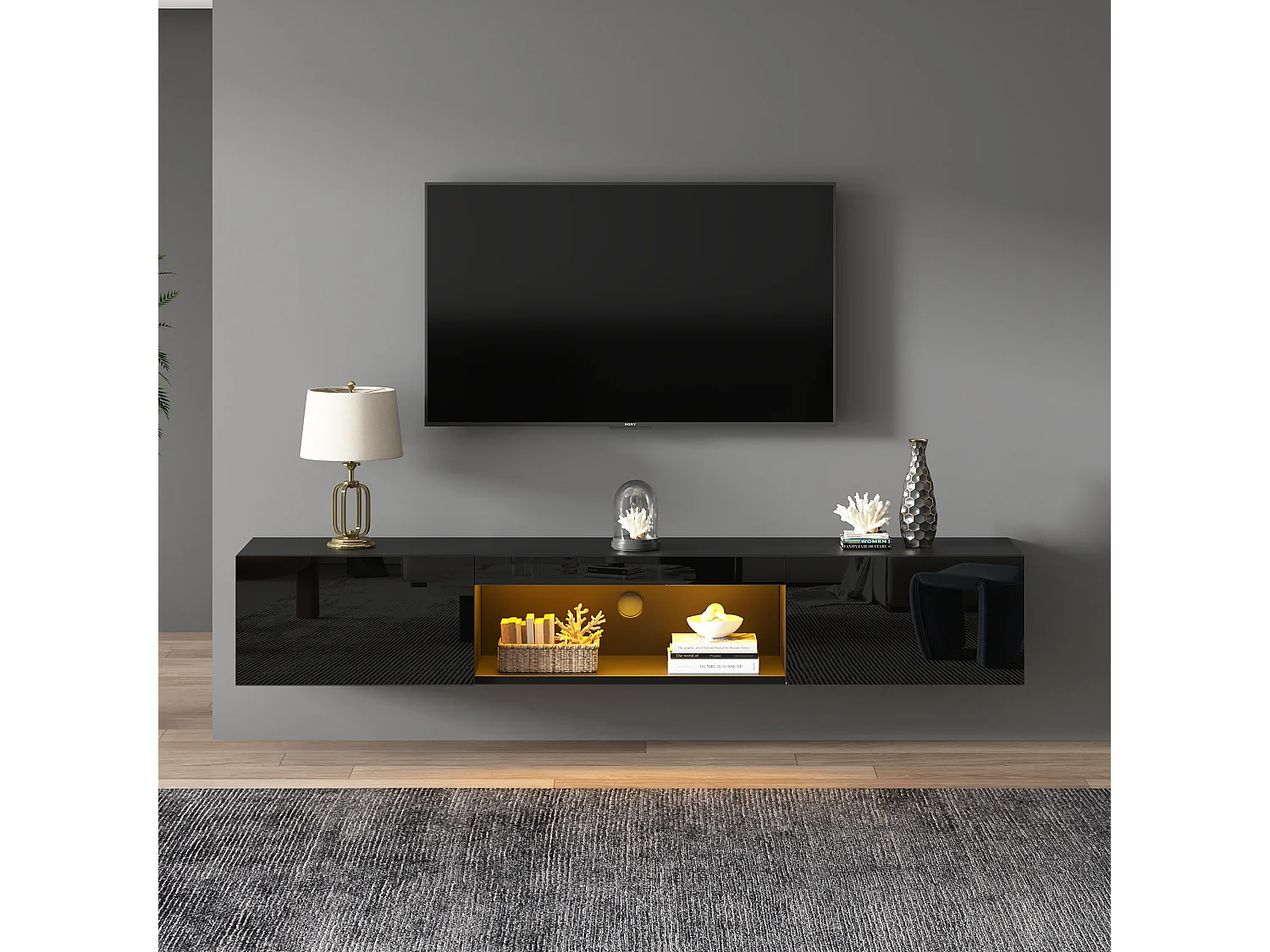 Hoogglans gelakt wandmeubel - 160 x 31 x 22 cm - met LED's + 2 deuren - voor 70 inch tv's - MDF + spaanplaat - zwart