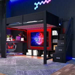 Hoogslaper van hout – 140 x 200 – met bureau + opbergplank + LED-verlichting + opbergtrap – MDF – zwart. Hoogslaper van hout – 140 x 200 – met bureau + opbergplank + LED-verlichting + opbergtrap – MDF – zwart.
