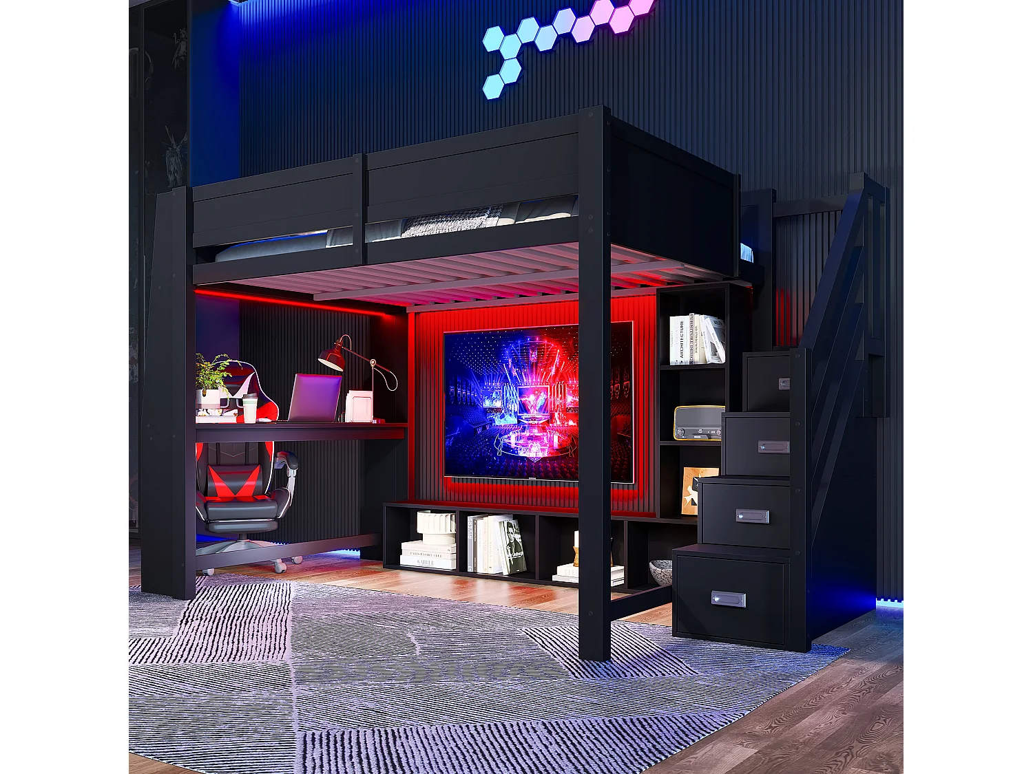 Hoogslaper van hout - 140 x 200 - met bureau + opbergplank + LED-verlichting + opbergtrap - MDF - zwart.