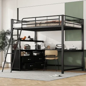 Hoogslaper 140×200 cm, Metalen frame met praktische lades en stijlvol L-vormig bureau – Laminaatdesign, Zwart Hoogslaper 140×200 cm, Metalen frame met praktische lades en stijlvol L-vormig bureau – Laminaatdesign, Zwart