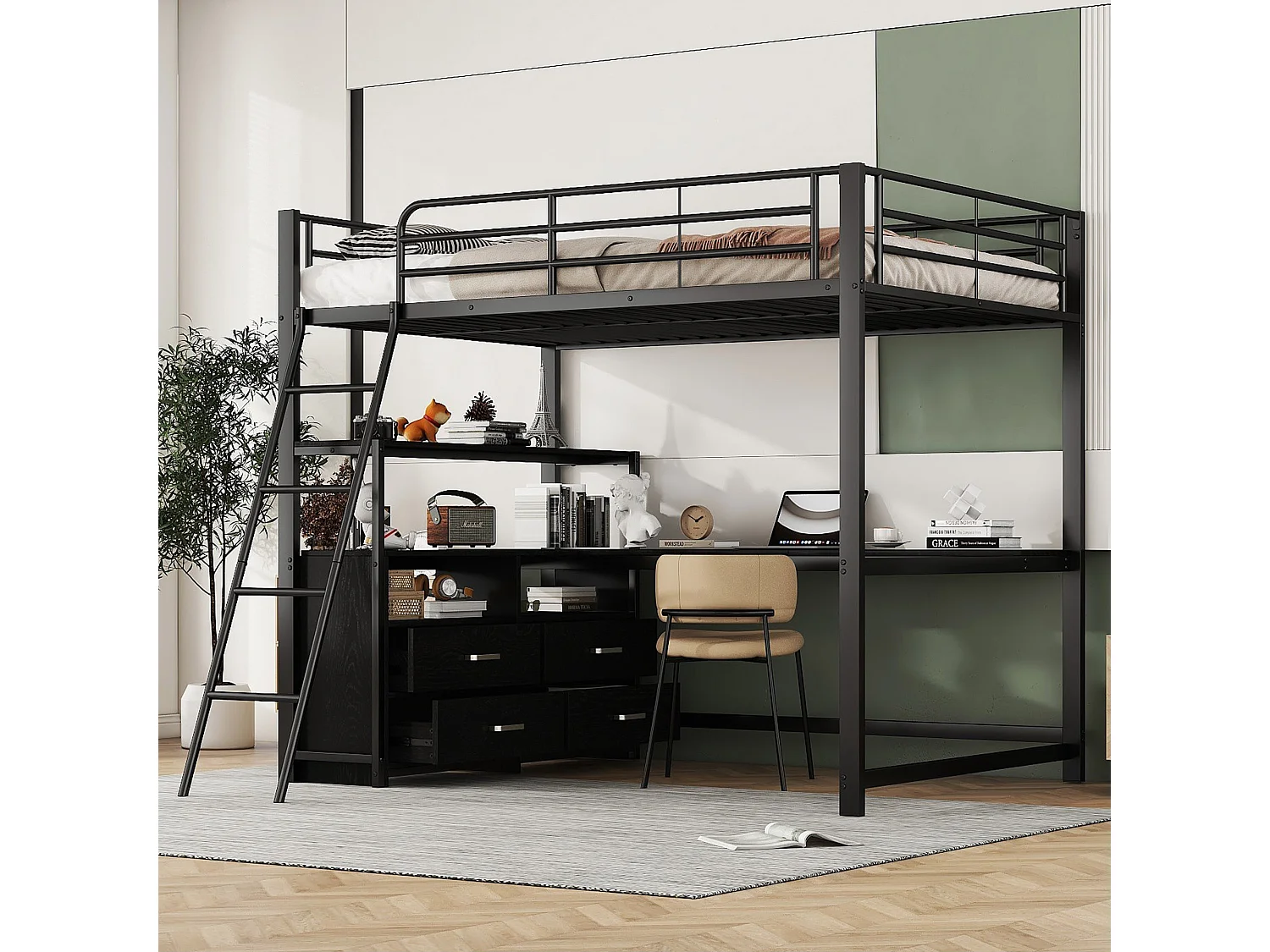 Hoogslaper 140x200 cm, Metalen frame met praktische lades en stijlvol L-vormig bureau - Laminaatdesign, Zwart