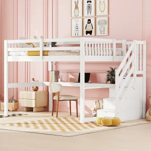Hoogslaper 140×200 cm, kinderbed met opberglades en bureau onder het bed – wit