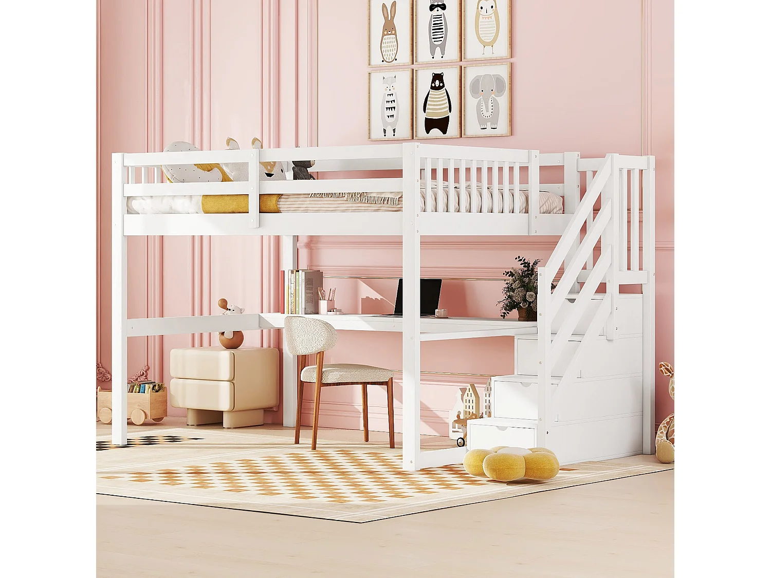 Hoogslaper 140x200 cm, kinderbed met opberglades en bureau onder het bed - wit