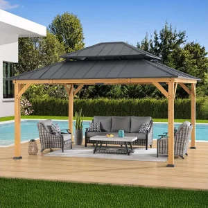 Houten tuinprieel met 2-laags metalen dak en plafondhaak RIMO 390 cm x 450 cm Houten tuinprieel met 2-laags metalen dak en plafondhaak RIMO 390 cm x 450 cm