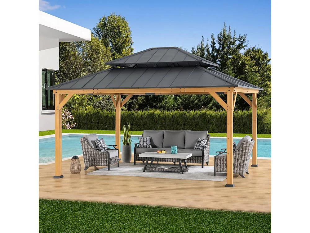 Houten tuinprieel met 2-laags metalen dak en plafondhaak RIMO 390 cm x 450 cm