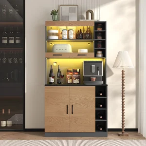 Hoge keukenkast – 100 x 47 x 187 cm – met LED's + 4 deuren + verstelbare planken – MDF + Acryl – naturel Hoge keukenkast – 100 x 47 x 187 cm – met LED's + 4 deuren + verstelbare planken – MDF + Acryl – naturel