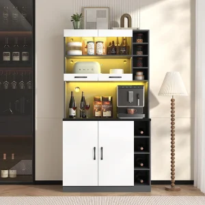 Hoge keukenkast – 100 x 47 x 187 cm – met LED's + 4 deuren + verstelbare planken – MDF + Acryl – wit Hoge keukenkast – 100 x 47 x 187 cm – met LED's + 4 deuren + verstelbare planken – MDF + Acryl – wit