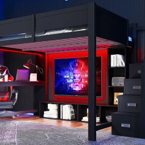 Hoogslaper 140x200cm – met LED-verlichting – met bureau – Ladder met opbergruimte – MDF – Zwart (matras niet inbegrepen) Hoogslaper 140x200cm – met LED-verlichting – met bureau – Ladder met opbergruimte – MDF – Zwart (matras niet inbegrepen)