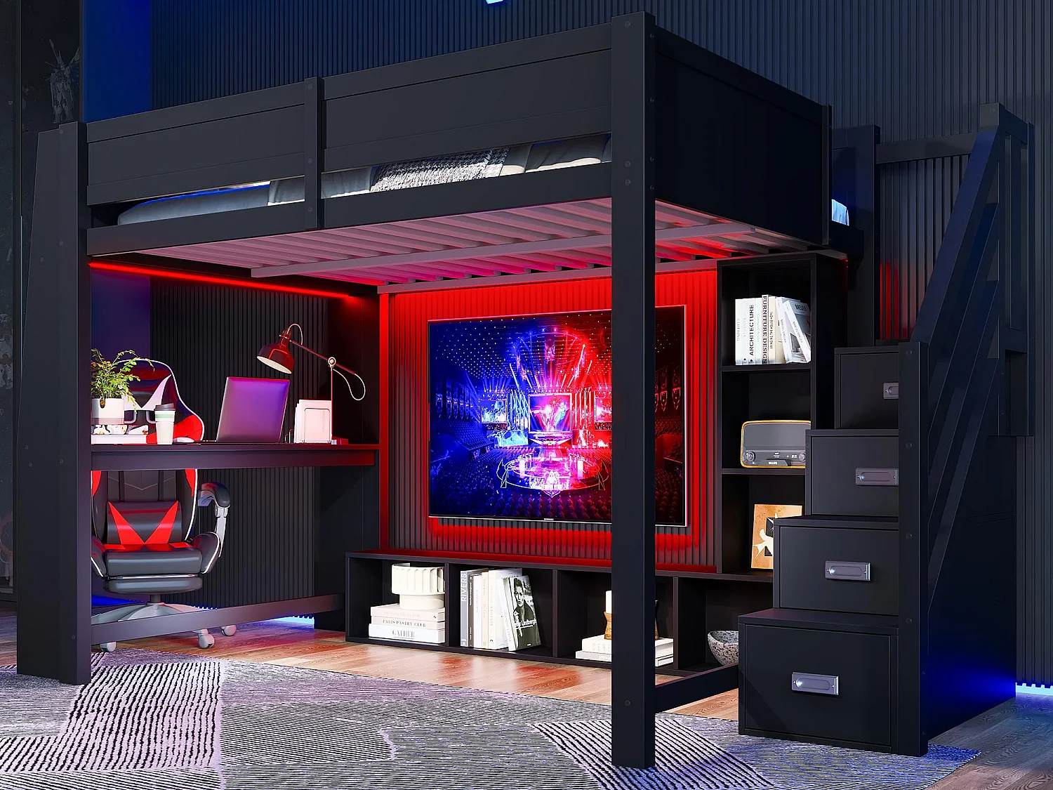 Hoogslaper 140x200cm - met LED-verlichting - met bureau - Ladder met opbergruimte - MDF - Zwart (matras niet inbegrepen)