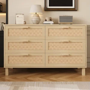 Houten dressoir met 6 rotan lades, opbergruimte voor woonkamer, slaapkamer en eetkamer, 120x75x40cm