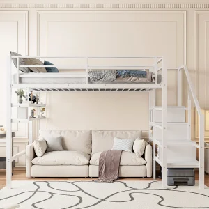 Hoogslaper 140x200cm Tienerbed met uitvalbeveiliging en opbergplanken, metaal – wit (zonder matras) Hoogslaper 140x200cm Tienerbed met uitvalbeveiliging en opbergplanken, metaal – wit (zonder matras)
