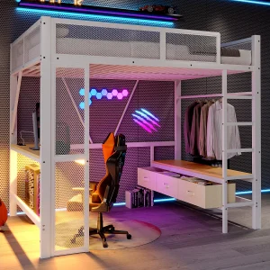 Hoogslaper 140×200 cm, tienerbed met USB-aansluiting en ledverlichting, 3 lades en bureau – wit (zonder matras) Hoogslaper 140×200 cm, tienerbed met USB-aansluiting en ledverlichting, 3 lades en bureau – wit (zonder matras)