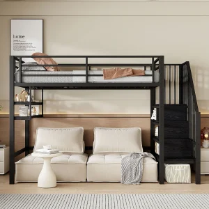 Hoogslaper 90x200cm Tienerbed met uitvalbeveiliging en opbergplanken, metaal – zwart (zonder matras) Hoogslaper 90x200cm Tienerbed met uitvalbeveiliging en opbergplanken, metaal – zwart (zonder matras)