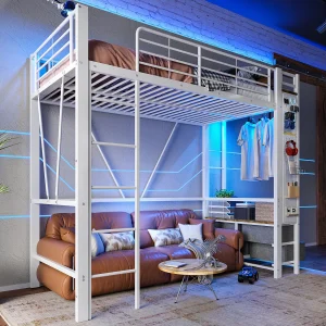 Hoogslaper 90×200 cm Kinderbed met 4 lades en kledingstang, USB-aansluiting – wit metaal (zonder matras)