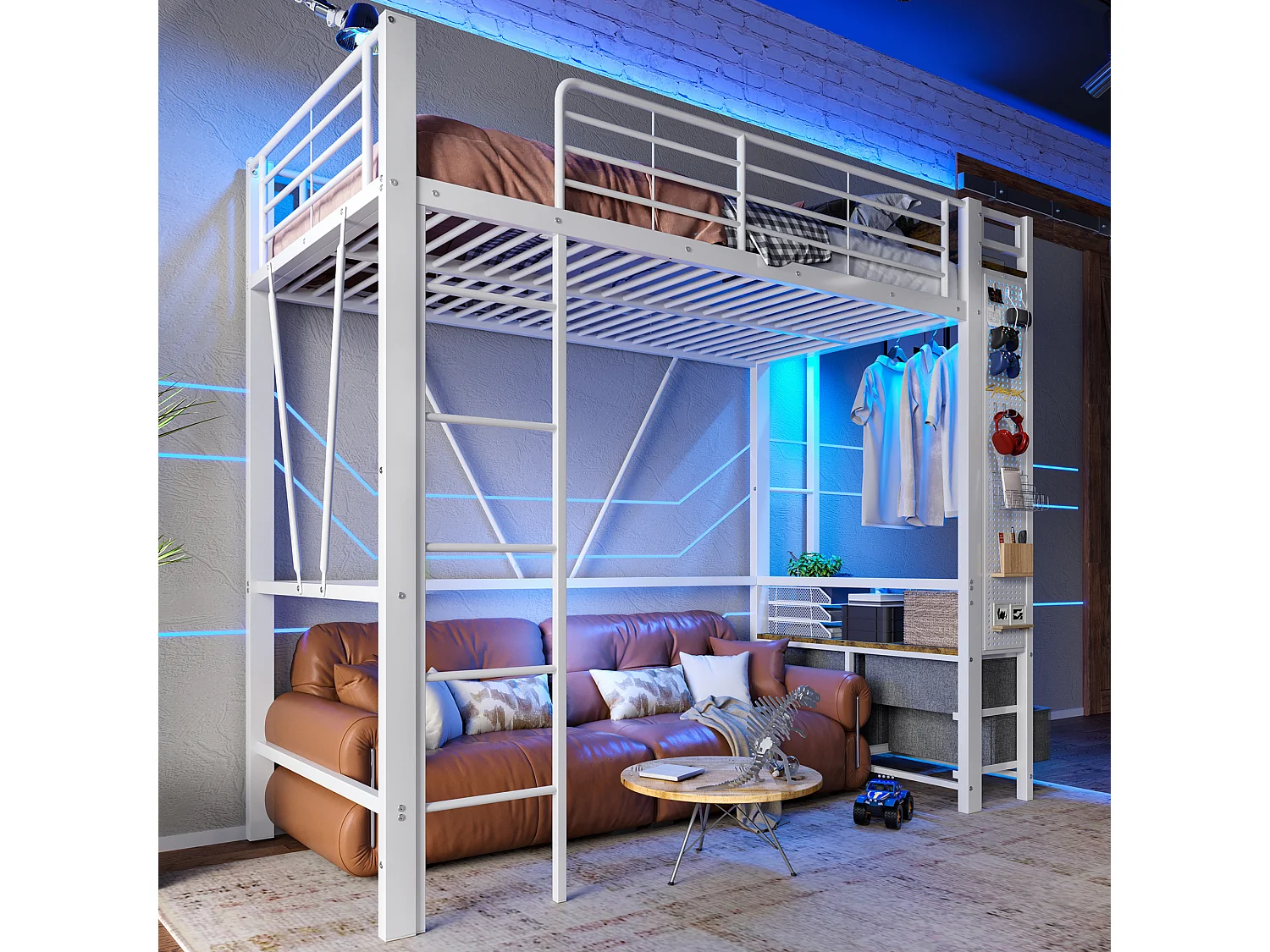 Hoogslaper 90x200 cm Kinderbed met 4 lades en kledingstang, USB-aansluiting - wit metaal (zonder matras)