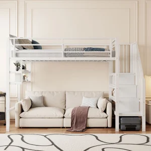 Hoogslaper 90x200cm Tienerbed met uitvalbeveiliging en opbergplanken, metaal – wit (zonder matras) Hoogslaper 90x200cm Tienerbed met uitvalbeveiliging en opbergplanken, metaal – wit (zonder matras)