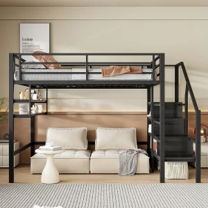 Hoogslaper 140x200cm Tienerbed met uitvalbeveiliging en opbergplanken, metaal – zwart (zonder matras) Hoogslaper 140x200cm Tienerbed met uitvalbeveiliging en opbergplanken, metaal – zwart (zonder matras)