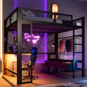 Hoogslaper 140×200 cm, tienerbed met USB-aansluiting en ledverlichting, 3 lades en bureau – zwart (zonder matras) Hoogslaper 140×200 cm, tienerbed met USB-aansluiting en ledverlichting, 3 lades en bureau – zwart (zonder matras)