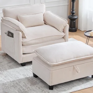 Individuele relaxfauteuil met voetenbank – Chenille loungestoel met hoge rugleuning – Geïntegreerde zijvakken Individuele relaxfauteuil met voetenbank – Chenille loungestoel met hoge rugleuning – Geïntegreerde zijvakken