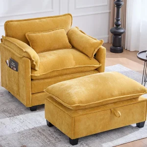 Individuele relaxfauteuil met voetenbank – Chenille loungestoel met hoge rugleuning – Geïntegreerde zijvakken Individuele relaxfauteuil met voetenbank – Chenille loungestoel met hoge rugleuning – Geïntegreerde zijvakken