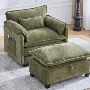 Individuele relaxfauteuil met voetenbank – Chenille loungestoel met hoge rugleuning – Geïntegreerde zijvakken Individuele relaxfauteuil met voetenbank – Chenille loungestoel met hoge rugleuning – Geïntegreerde zijvakken