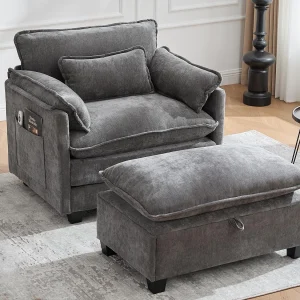 Individuele relaxfauteuil met voetenbank – Chenille loungestoel met hoge rugleuning – Geïntegreerde zijvakken Individuele relaxfauteuil met voetenbank – Chenille loungestoel met hoge rugleuning – Geïntegreerde zijvakken