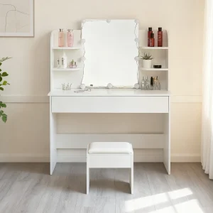 Kaptafel met LED-spiegel en kruk – Wit – MDF-hout