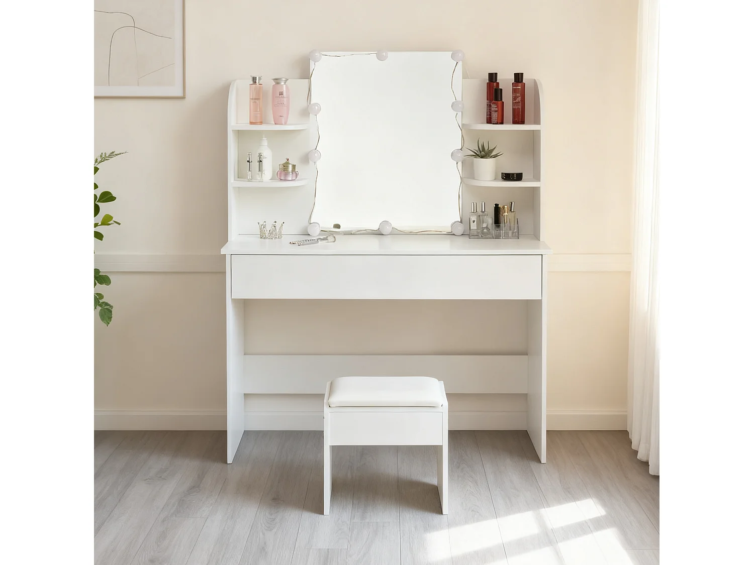 Kaptafel met LED-spiegel en kruk - Wit - MDF-hout