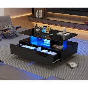 Hoogglans gelakte salontafel met LED-verlichting en 2 lades – Zwart PB-hout Hoogglans gelakte salontafel met LED-verlichting en 2 lades – Zwart PB-hout
