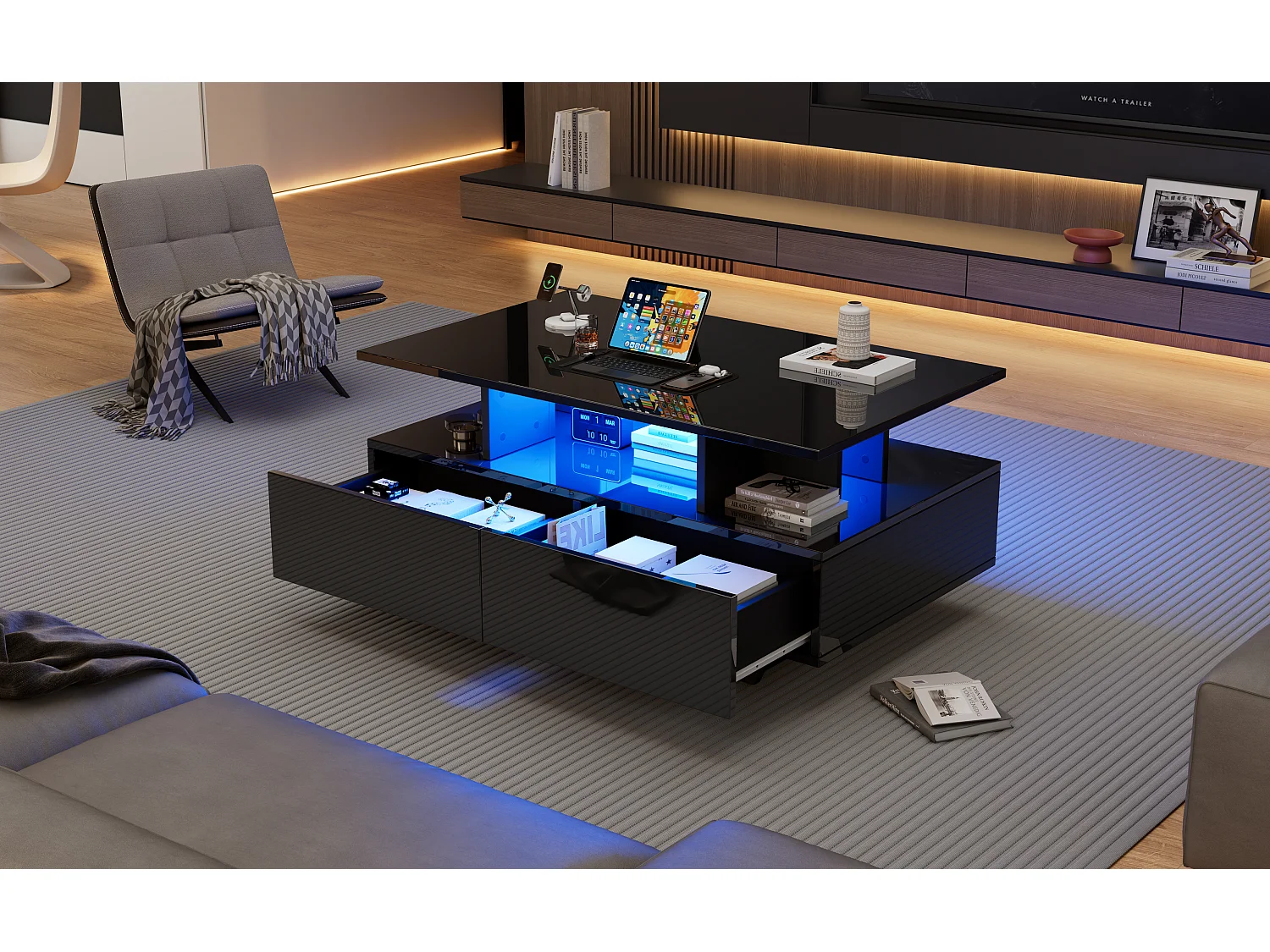 Hoogglans gelakte salontafel met LED-verlichting en 2 lades - Zwart PB-hout