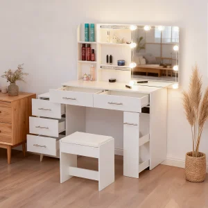 Kaptafel met verschuifbare LED-spiegel, kruk en 6 lades – Wit Kaptafel met verschuifbare LED-spiegel, kruk en 6 lades – Wit