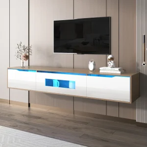 Hoogglans witte en houten tv-standaard met veelkleurige ledverlichting – modern bijpassend design, 180 x 35 x 30 cm