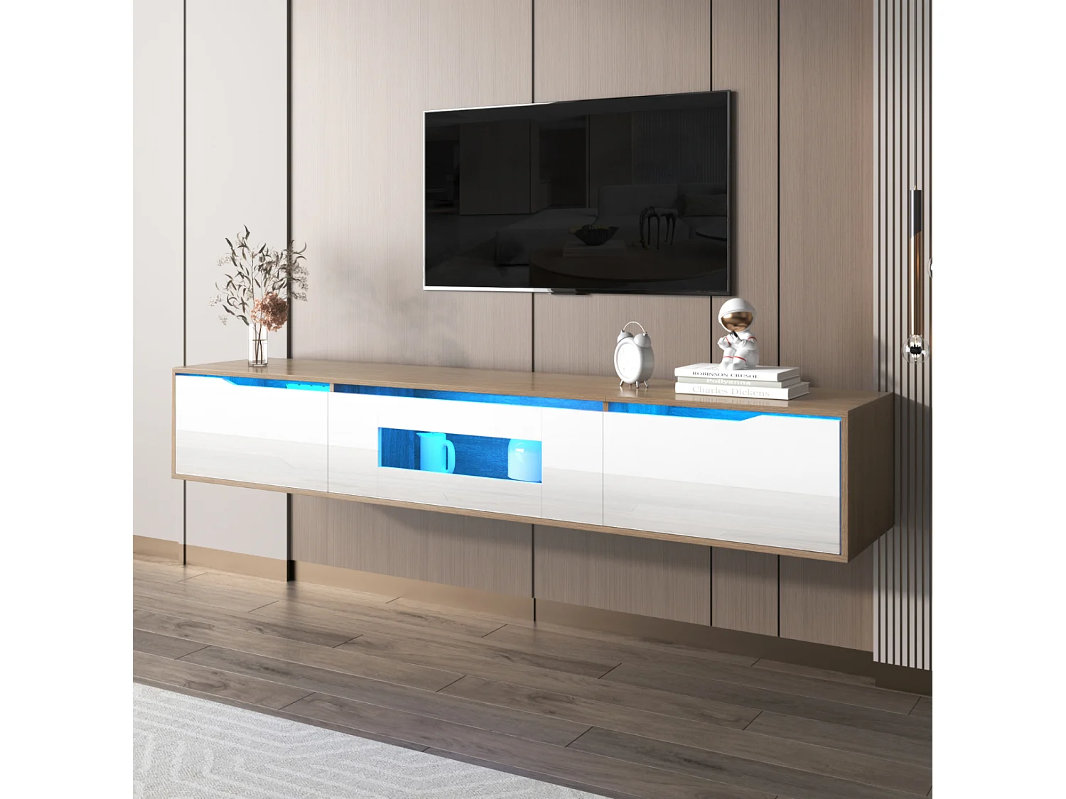 Hoogglans witte en houten tv-standaard met veelkleurige ledverlichting – modern bijpassend design, 180 x 35 x 30 cm