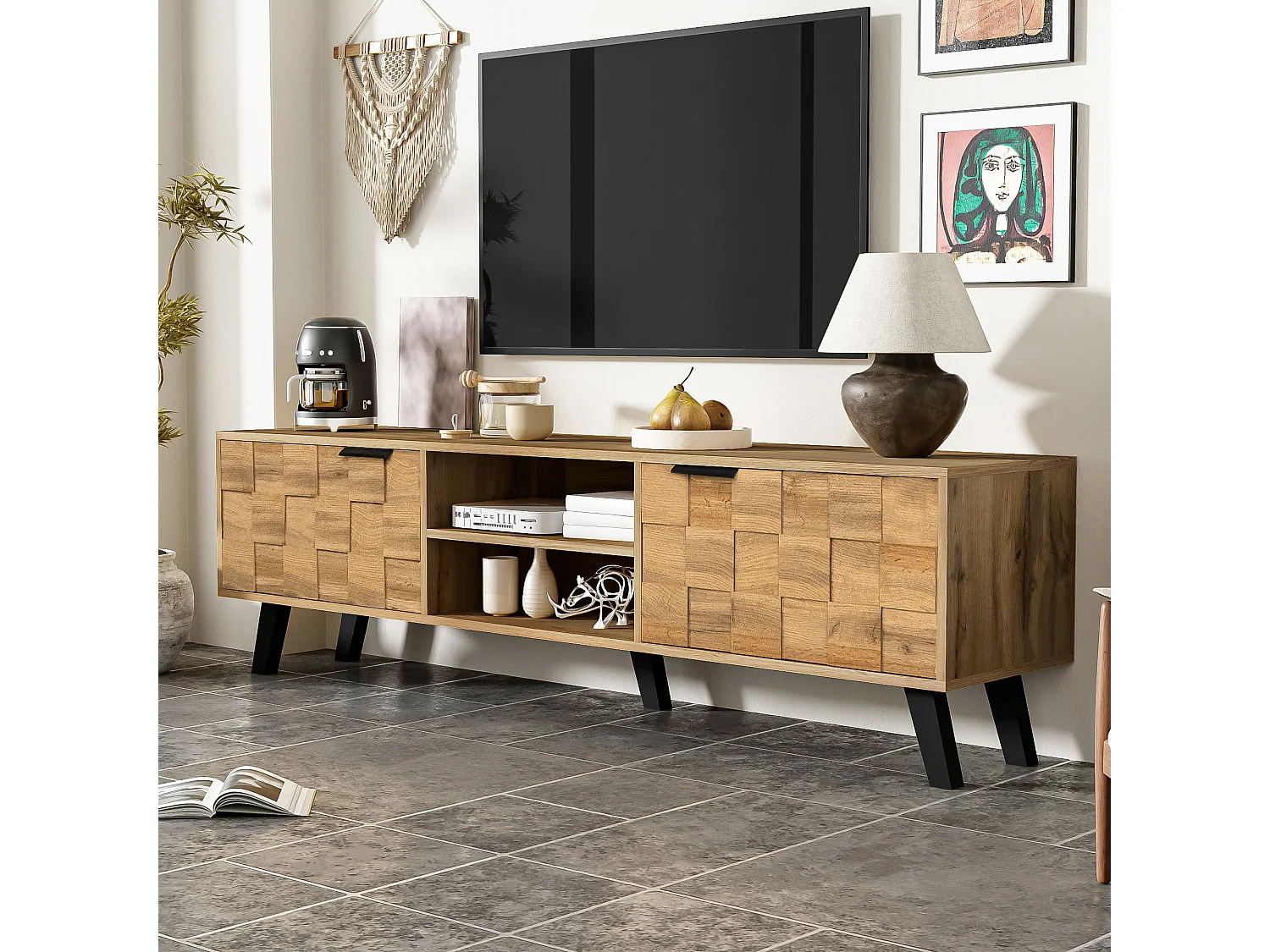 Houten tv-meubel, Bruine tv-meubel met 2 deuren en 2 compartimenten, 160 cm lange tv-meubel