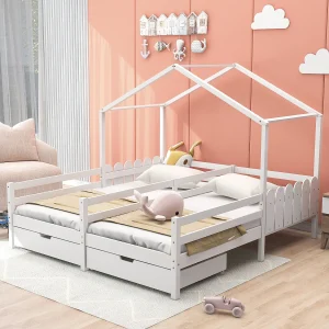 Kajuitbed 200 x 90 cm – met 2 lades en uitvalbeveiliging – wit hout – matras niet inbegrepen